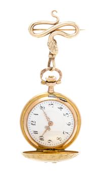 A 14 Karat Yellow Gold and Diamond Hunter Case Lapel Watch, 14.50 dwts.