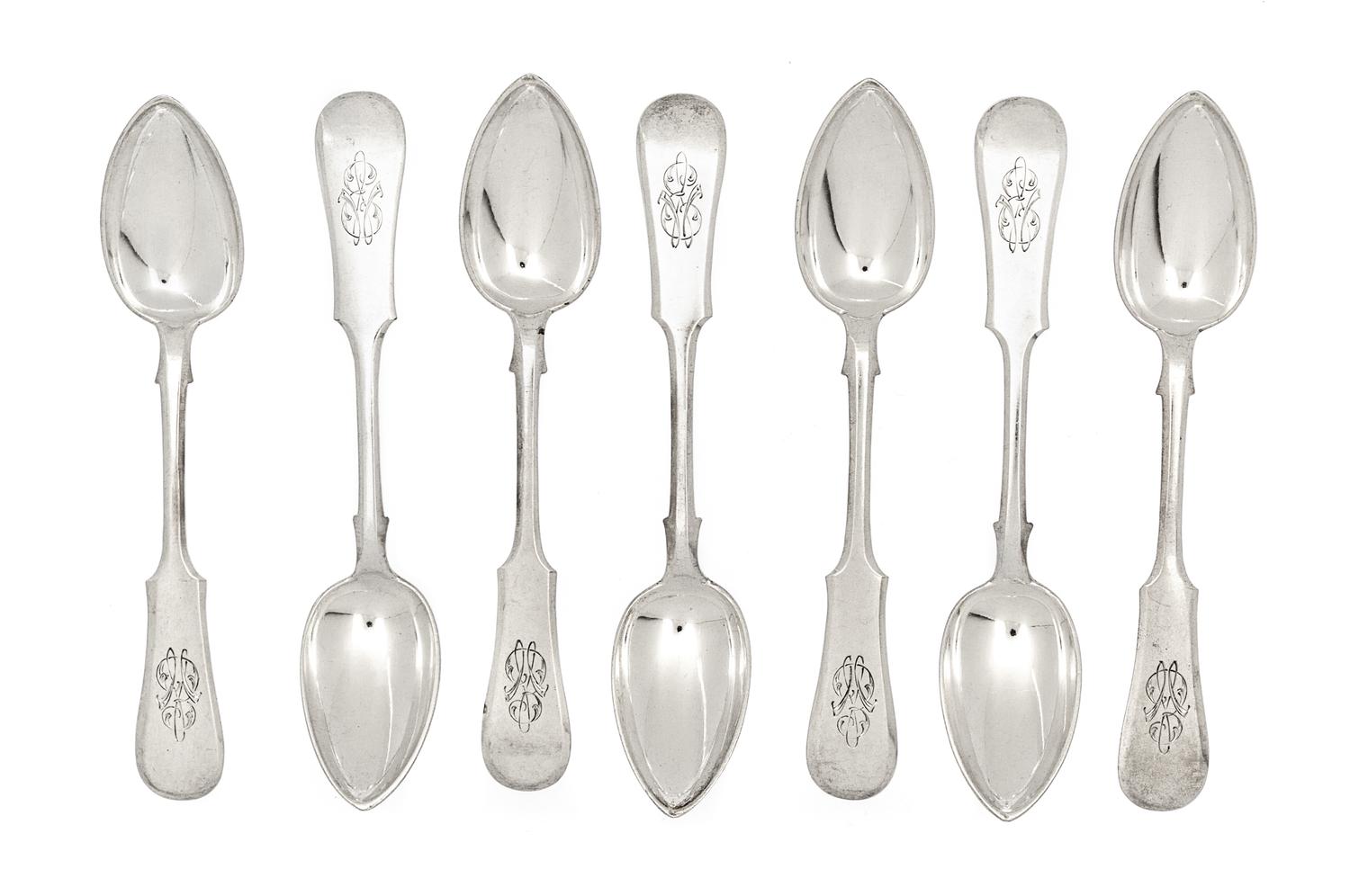 A Set of Seven Russian Silver Spoons, Moscow, 1908-1926, each of fiddle form, monogrammed