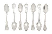 A Set of Seven Russian Silver Spoons, Moscow, 1908-1926, each of fiddle form, monogrammed