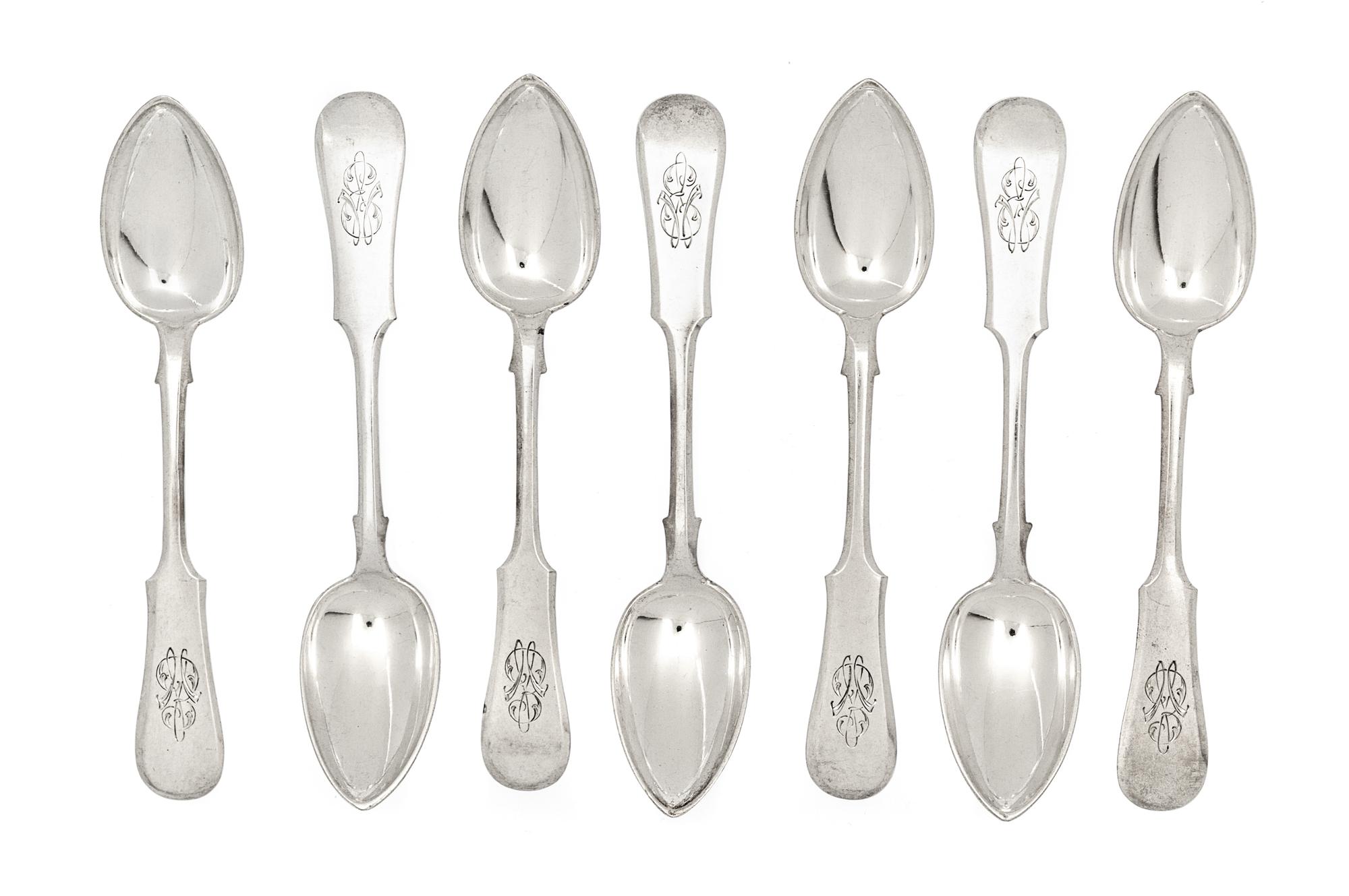 A Set of Seven Russian Silver Spoons, Moscow, 1908-1926, each of fiddle form, monogrammed