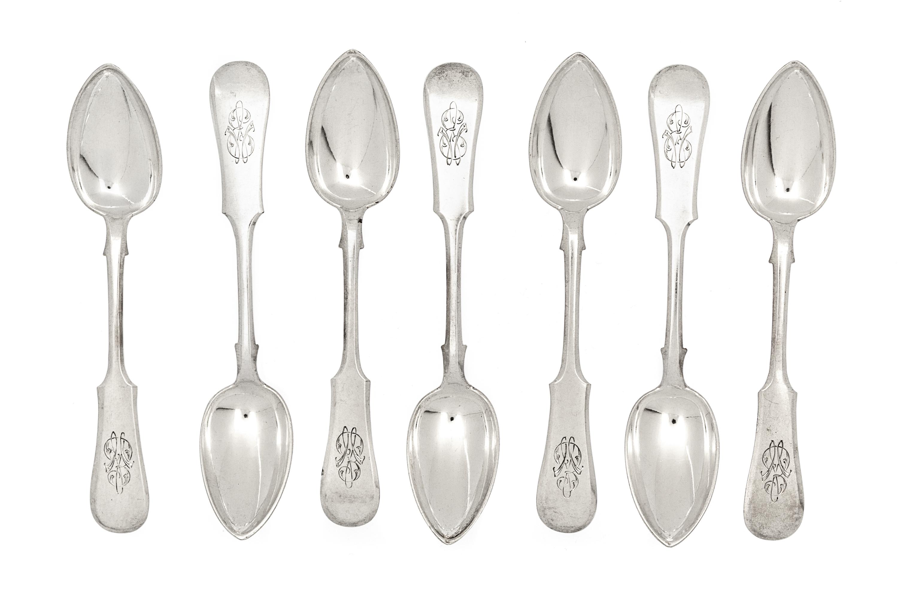 A Set of Seven Russian Silver Spoons, Moscow, 1908-1926, each of fiddle form, monogrammed