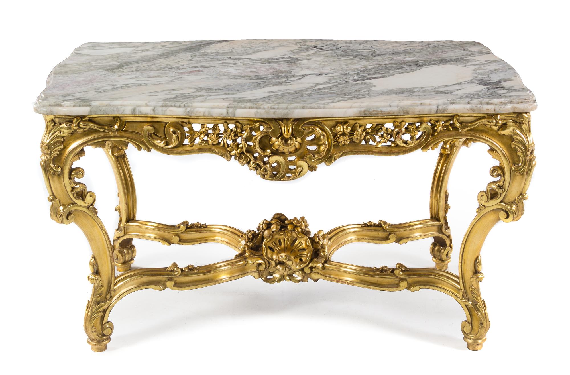 A Louis XV Style Giltwood Center Table Height 28 1/2 x width 52 1/2 x depth 33 inches. — 20TH CENTURY