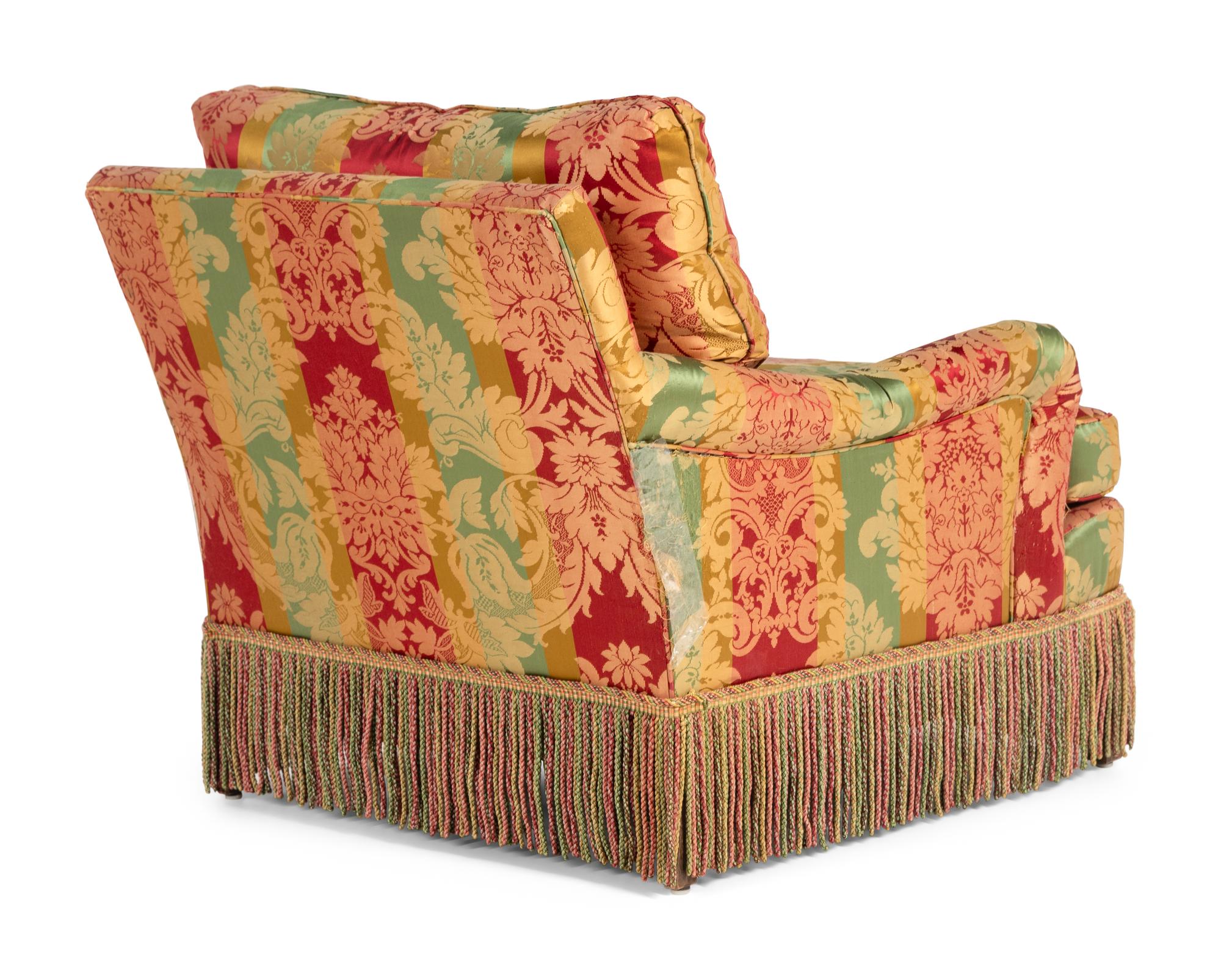A Pair of Contemporary Damask-Upholstered Lounge Chairs with Bullion Fringe