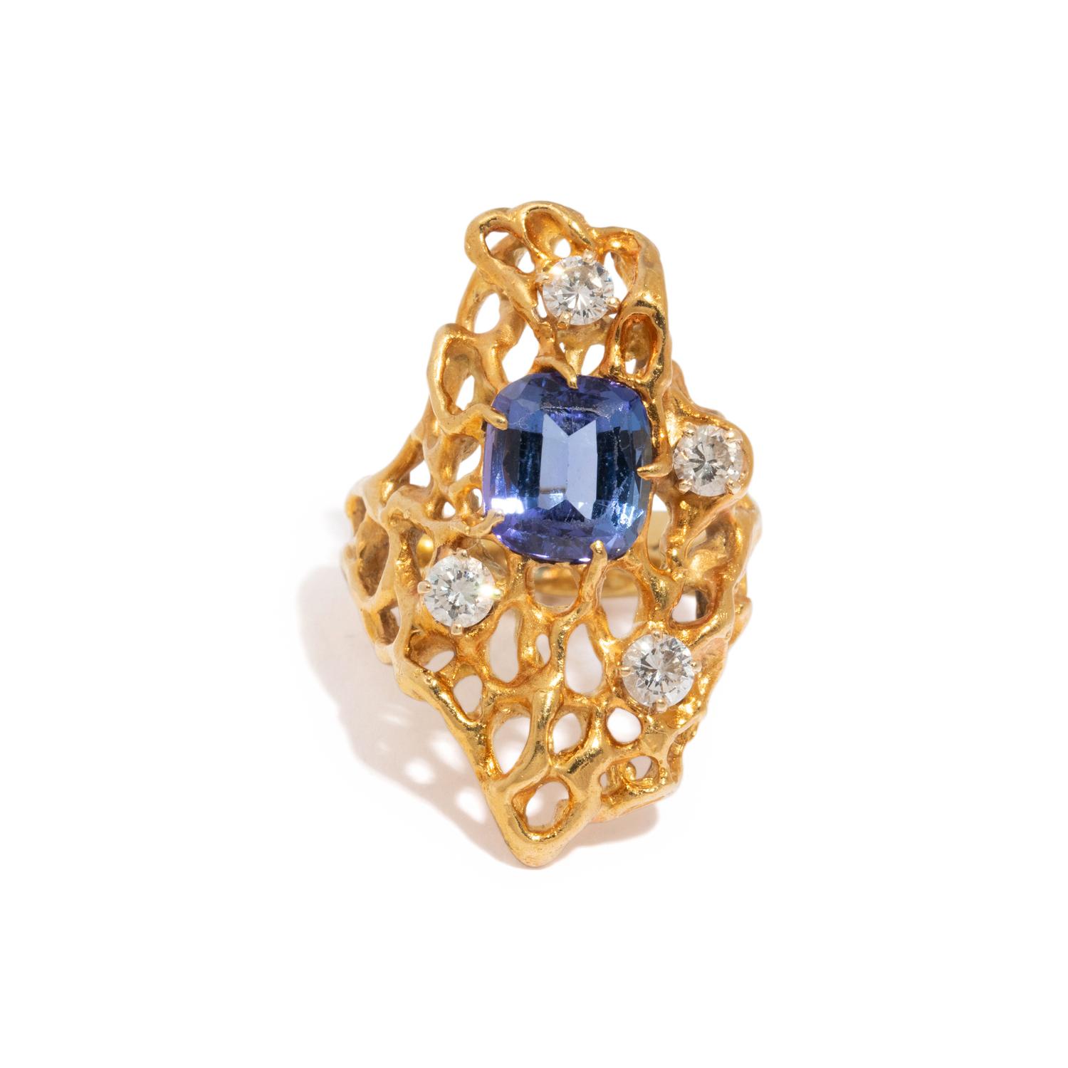 MODERNIST YELLOW GOLD, TANZANITE, AND DIAMOND RING