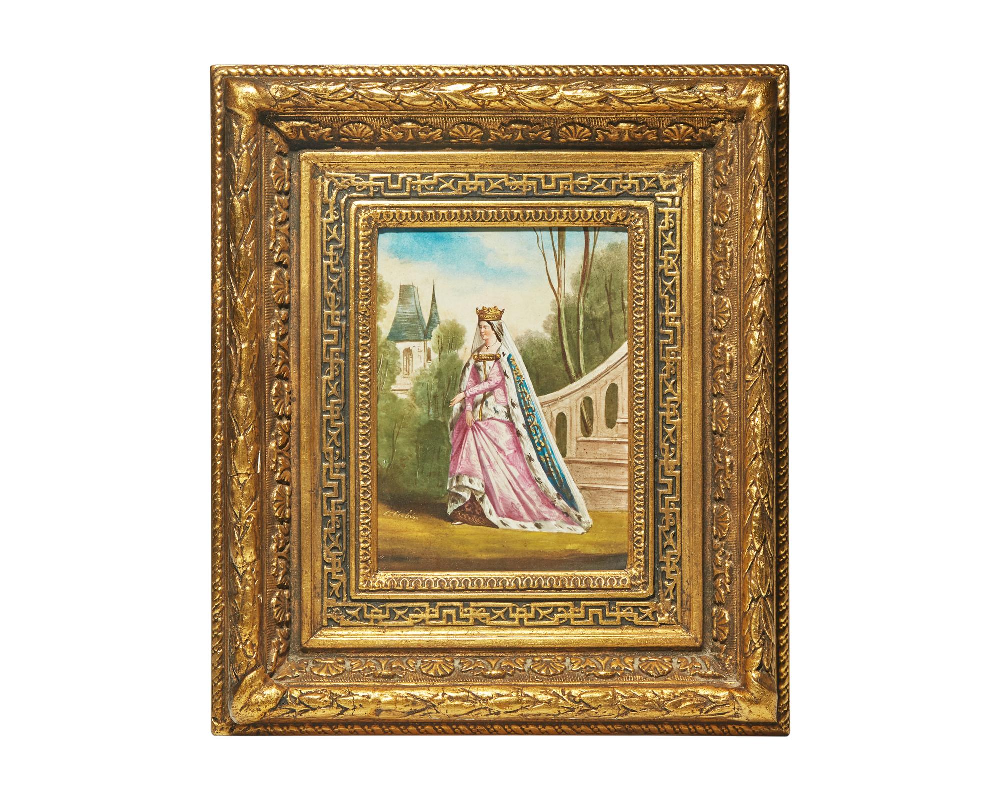 A Pair of Hand-Painted Porcelain Plaques Depicting a Medieval Queen and Knight