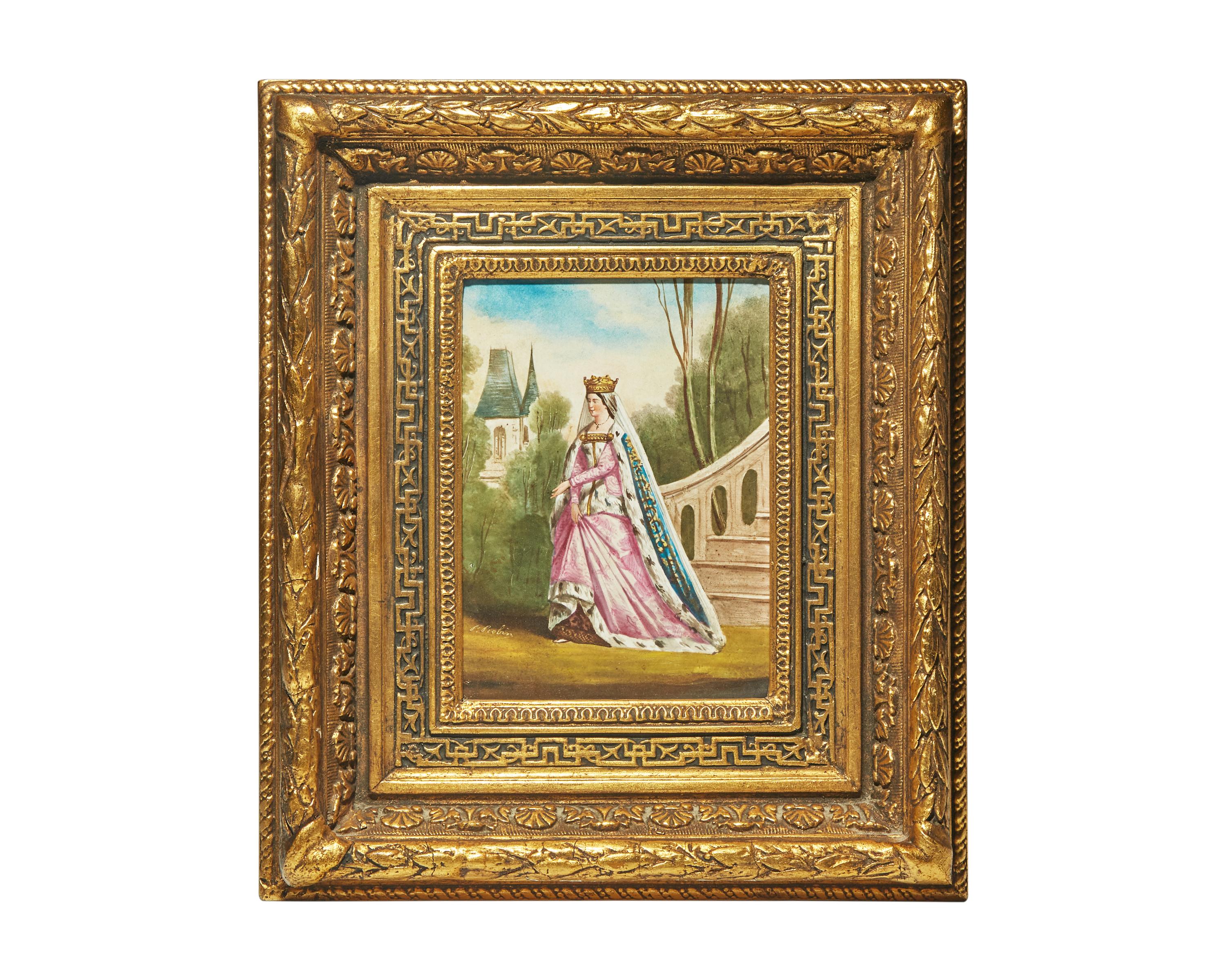 A Pair of Hand-Painted Porcelain Plaques Depicting a Medieval Queen and Knight