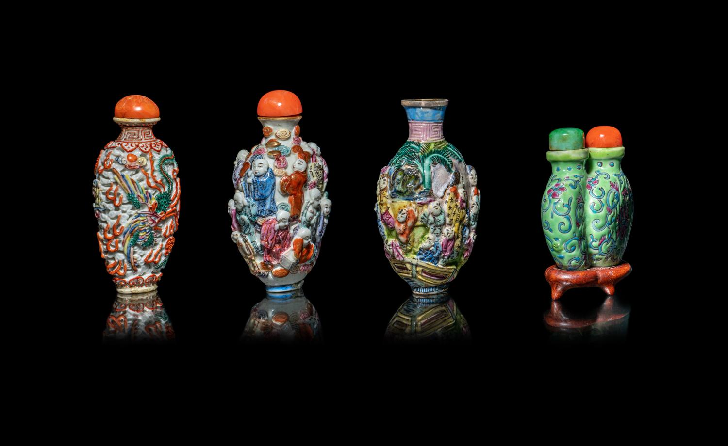 Four Chinese Famille Rose Porcelain Snuff Bottles