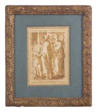 A Group of Figures standing by a Column, Two Women, one with a Baby, the other with a Child, and a Man in the Background