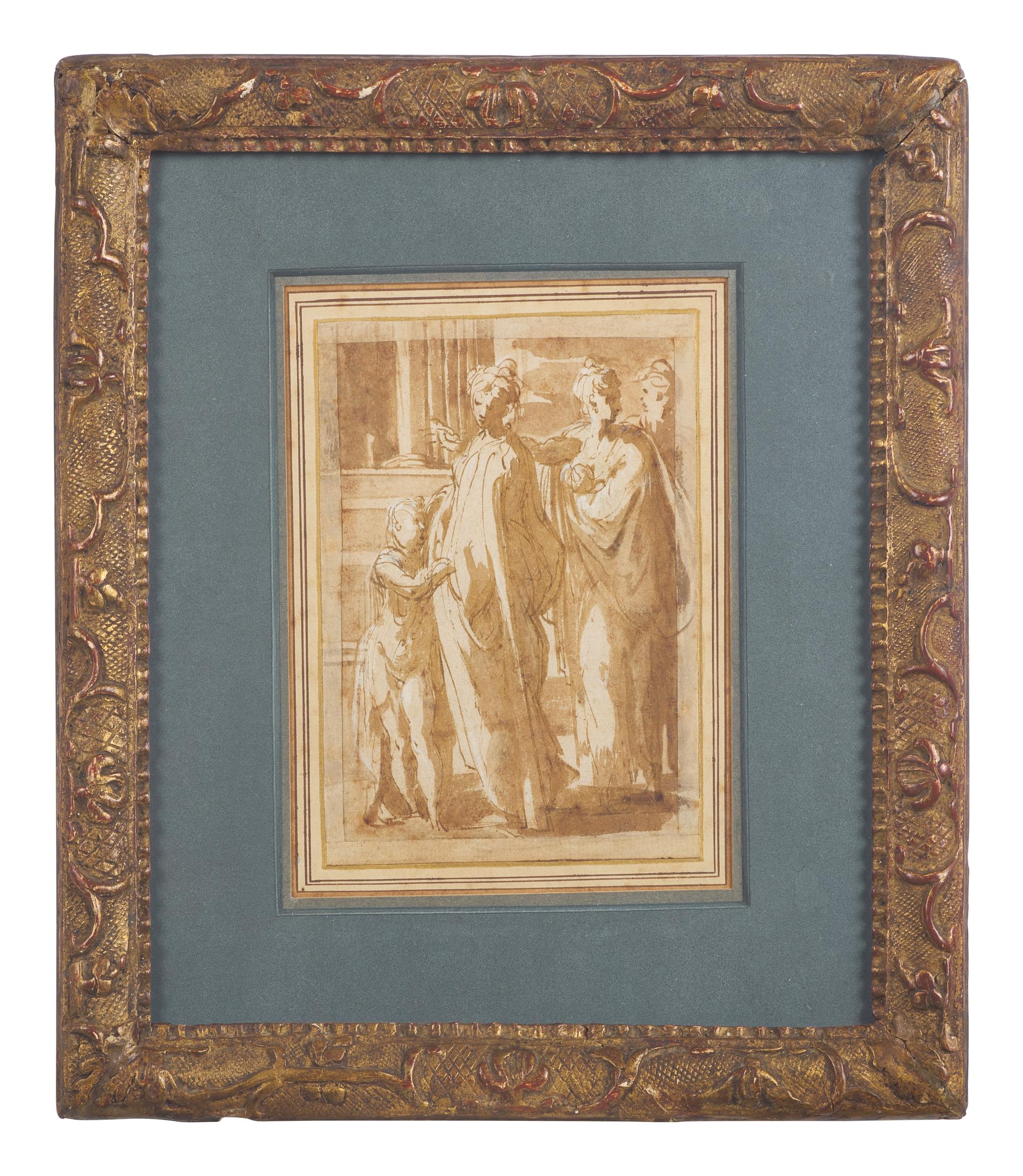 A Group of Figures standing by a Column, Two Women, one with a Baby, the other with a Child, and a Man in the Background