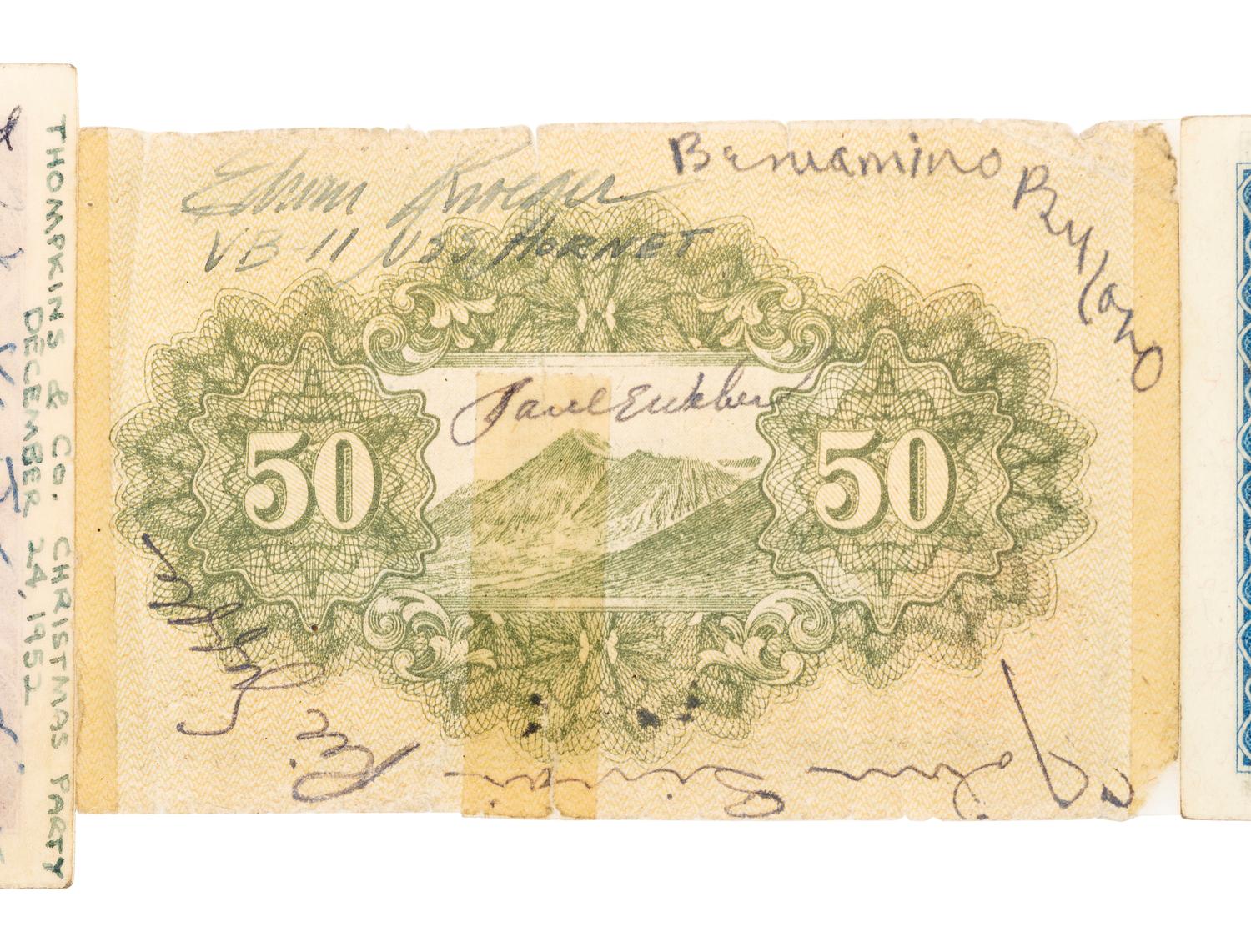 [WORLD WAR II]. Short snorter identified to Rear Admiral Edwin Mark Wilson, Jr. USN, containing autographs of Genl. Douglas MACARTHUR, Eddie RICKENBACKER, Willie MAYS, Herbert HOOVER, Richard NIXON, and more. Ca 1945-1977.