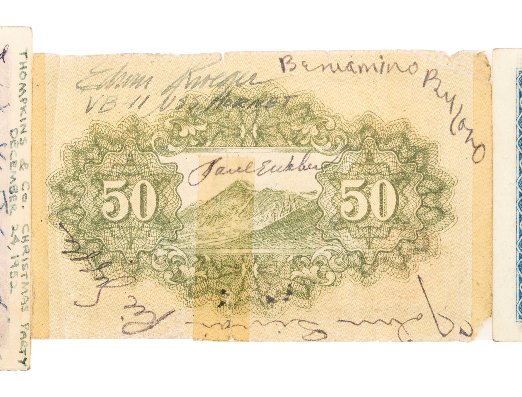 [WORLD WAR II]. Short snorter identified to Rear Admiral Edwin Mark Wilson, Jr. USN, containing autographs of Genl. Douglas MACARTHUR, Eddie RICKENBACKER, Willie MAYS, Herbert HOOVER, Richard NIXON, and more. Ca 1945-1977.