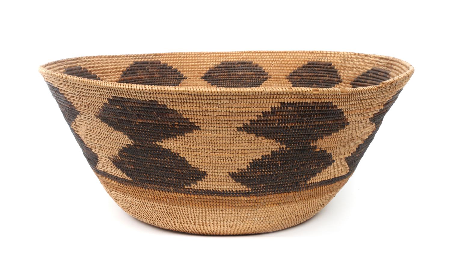 A Mission Indian Basket Bowl Height 8 x diameter 19 5/8 inches.