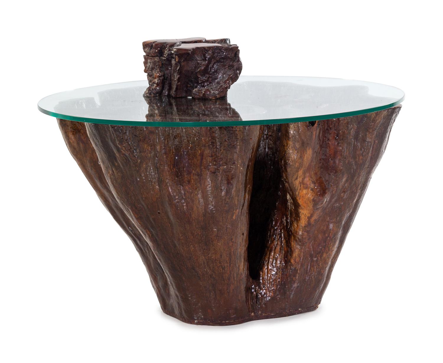 A Root Wood and Glass-Top Table