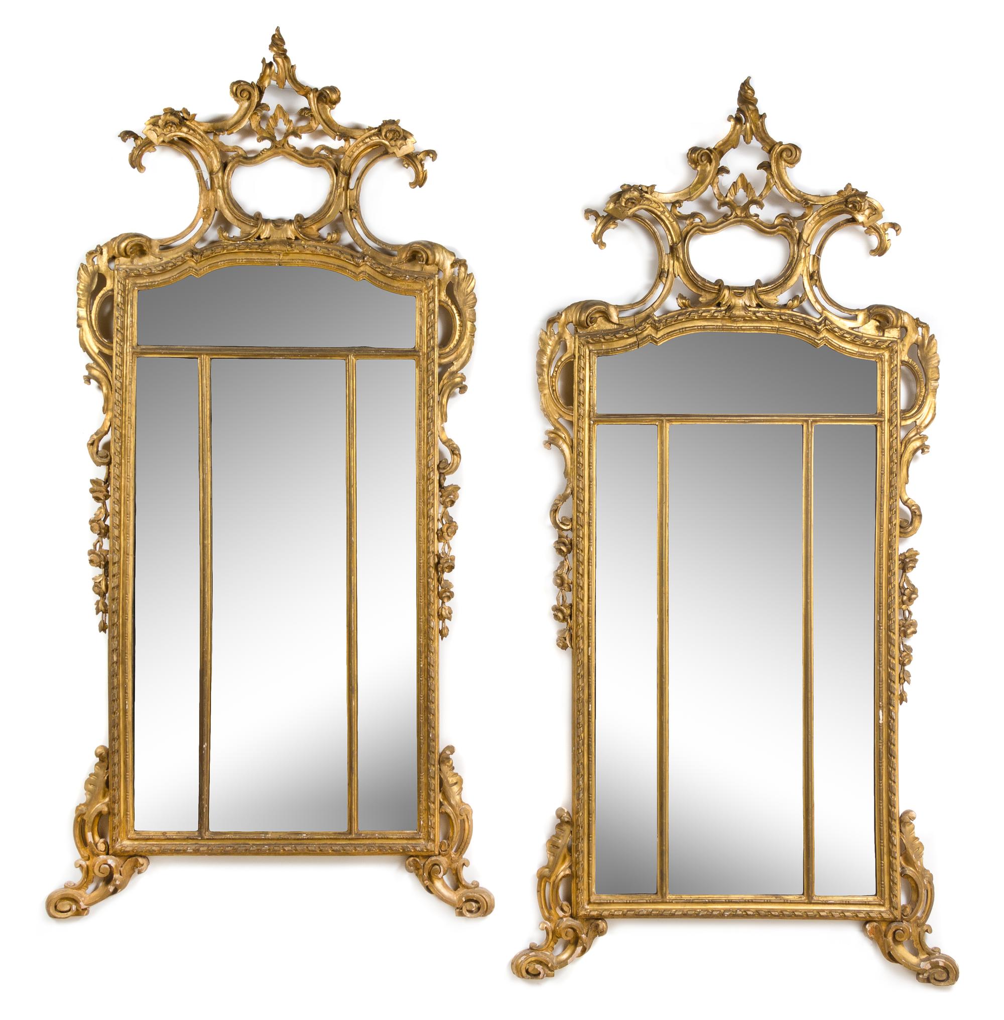 A Pair of Large Regence Style Giltwood Pier Mirrors Height 95 x width 46 1/2 inches. — 19TH CENTURY