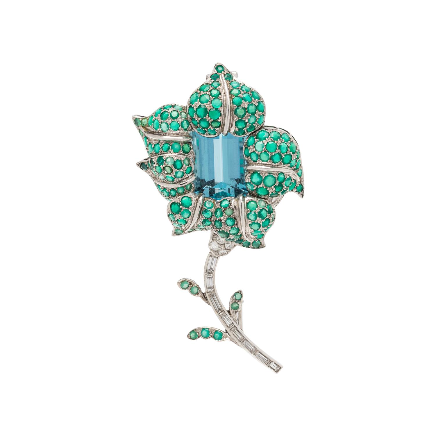 AQUAMARINE, CHRYSOPRASE AND DIAMOND FLOWER BROOCH