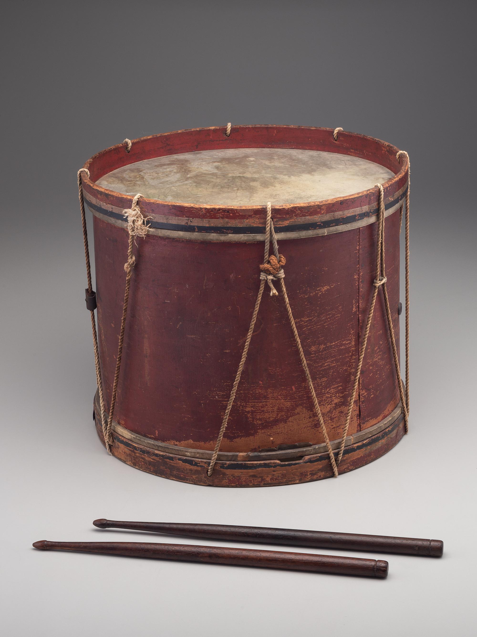 [CIVIL WAR]. E Pluribus Unum red-painted drum featuring eagle motif, with drumsticks.