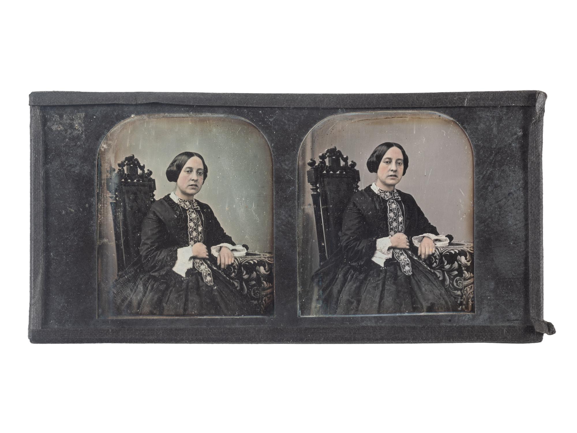 [EARLY PHOTOGRAPHY]. A group of 2 images incl. stereodaguerreotype of woman and glass stereoview by Platt D. Babbitt.