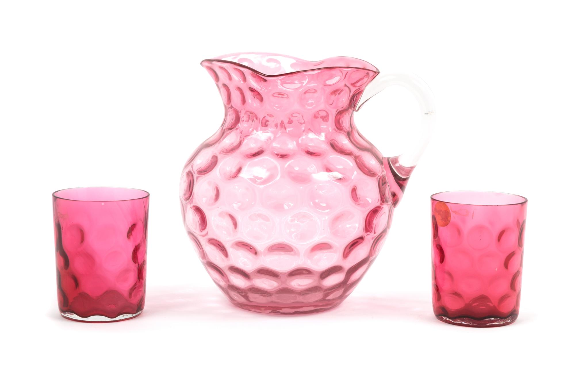 A Cranberry Glass Thumbprint Drink Set Height of pitcher 7 3/4 inches