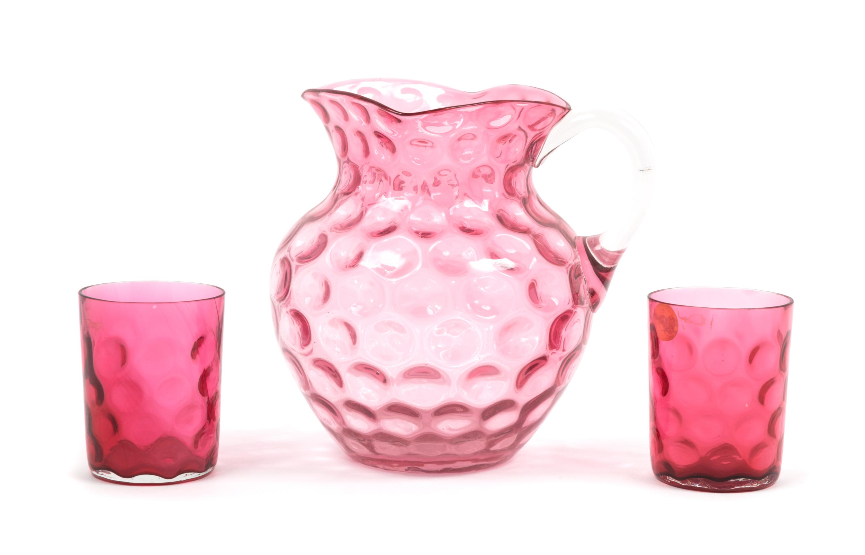 A Cranberry Glass Thumbprint Drink Set Height of pitcher 7 3/4 inches