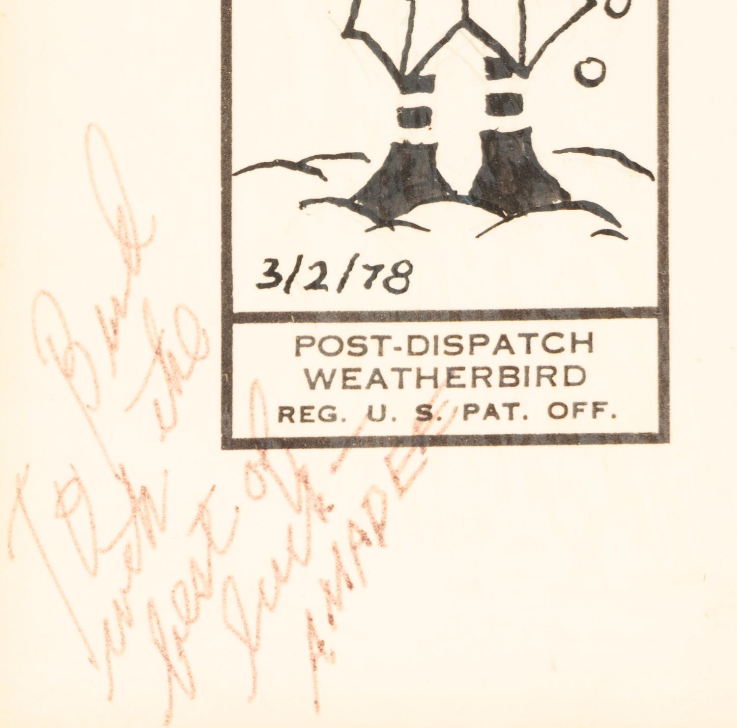 A 1978 Amadeee Wohlschlaeger Original St. Louis Post-Dispatch Weatherbird Cartoon from The Collection of Hall of Fame Oklahoma Football Coach Bud Wilkinson