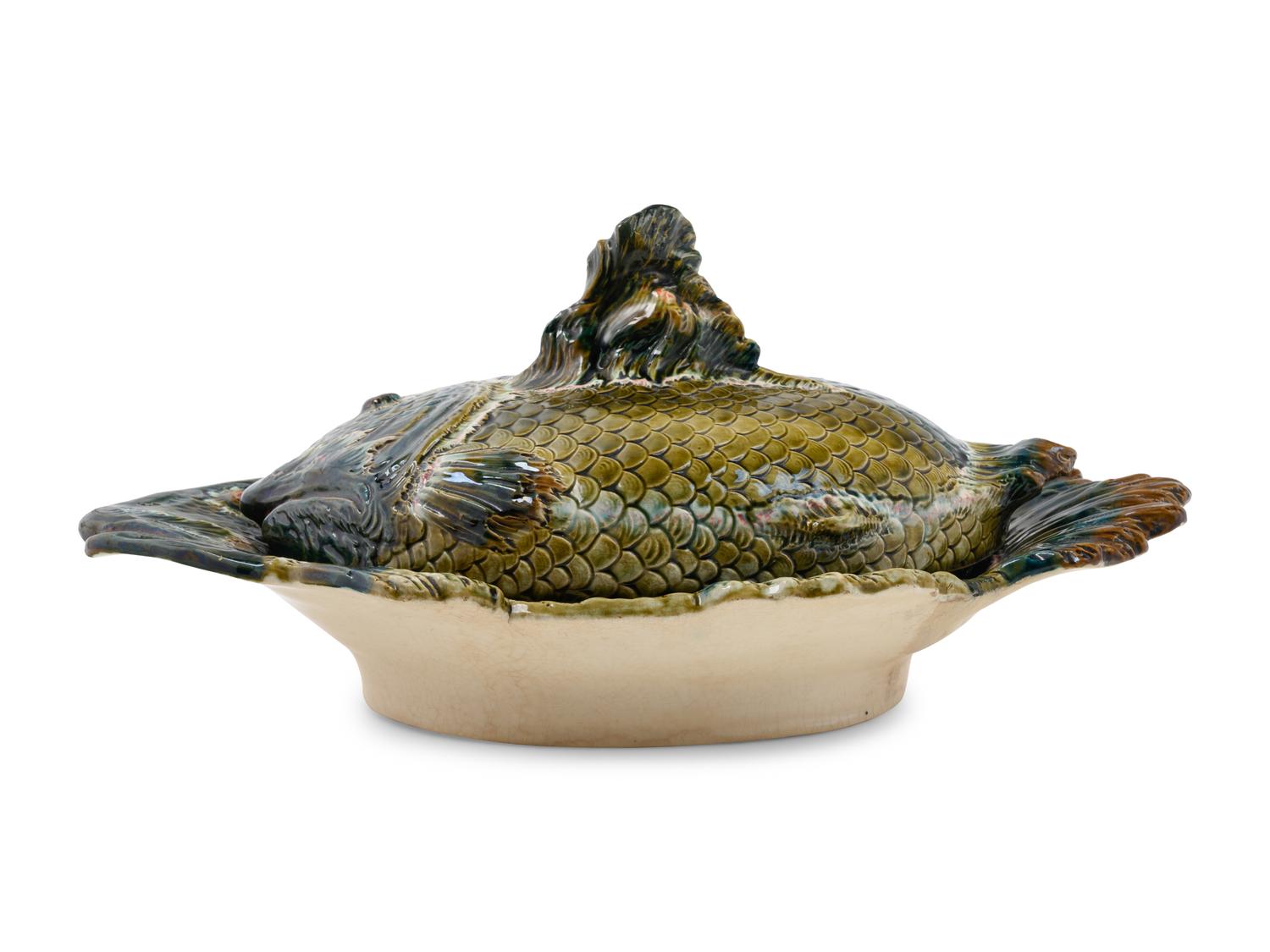 A Continental Majolica Fish Platter and Cover