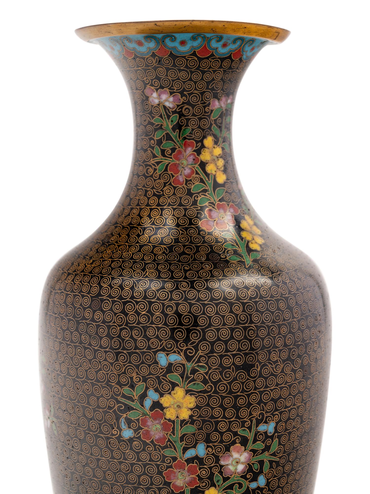 A Pair of Chinese Lacquer Vases and A Pair of Chinese Cloisonné Enamel Vases