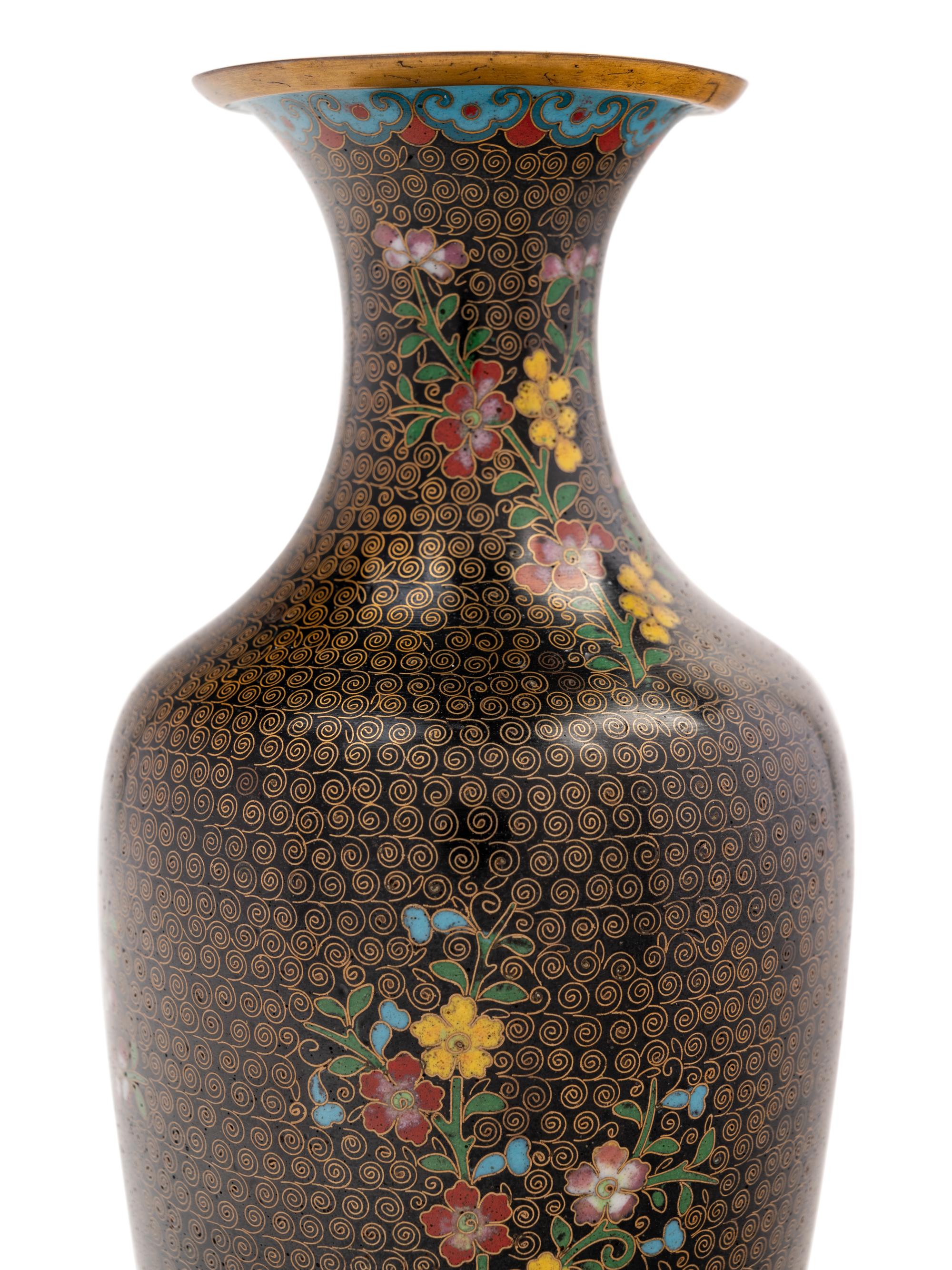 A Pair of Chinese Lacquer Vases and A Pair of Chinese Cloisonné Enamel Vases