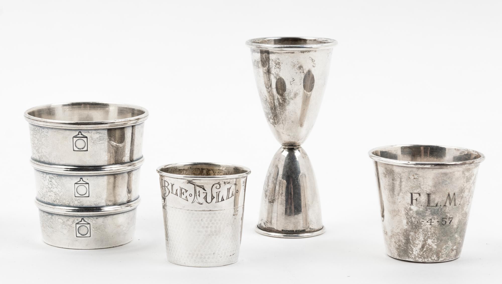 A Group of Four American Silver Drinking Articles, , comprising three beakers and a measuring tool