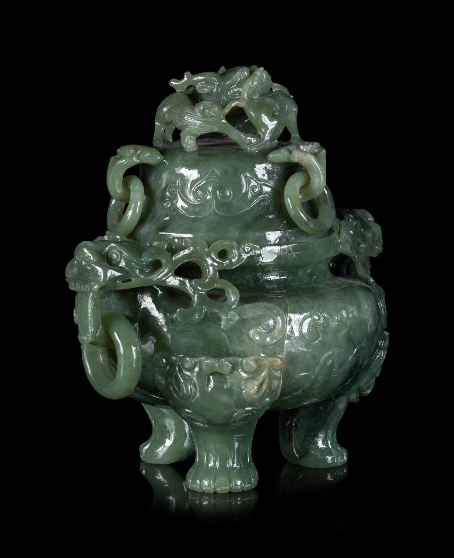 A Chinese Celadon Jadeite Incense Burner and Cover