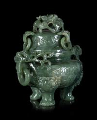 A Chinese Celadon Jadeite Incense Burner and Cover