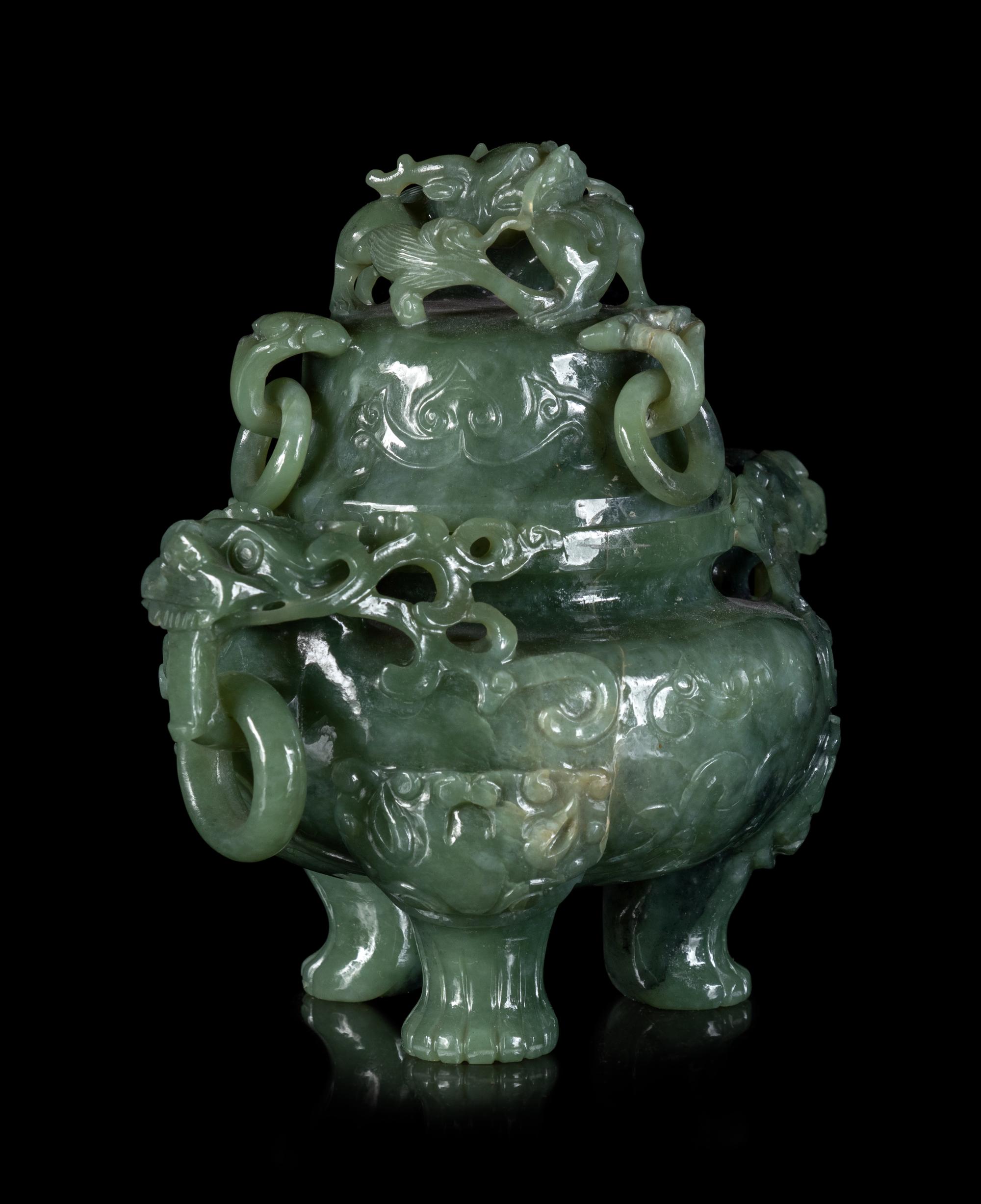 A Chinese Celadon Jadeite Incense Burner and Cover