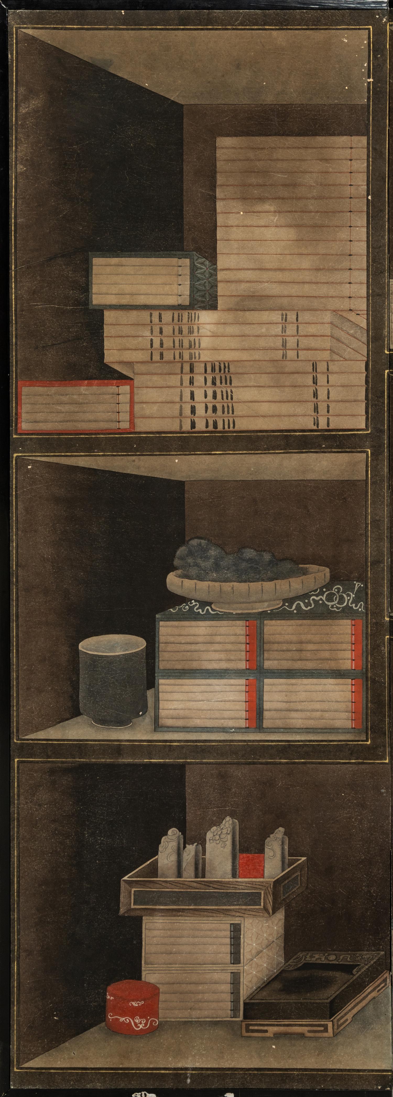 Attributed to Lee Taek-Gyun (Korean, 1808-after 1883) 李宅均（款） （朝鮮王朝，1808-1883以后） 《冊架圖》四扇屏