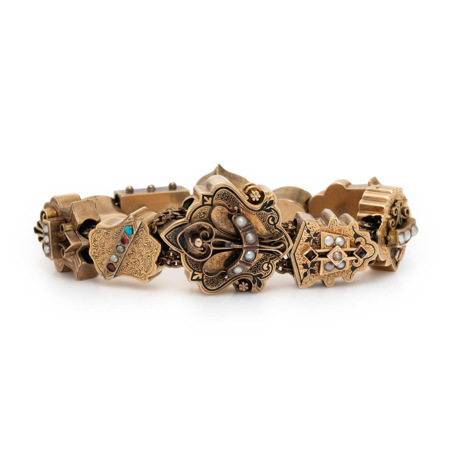 YELLOW GOLD, SEED PEARL, AND MULTIGEM SLIDE CHARM BRACELET