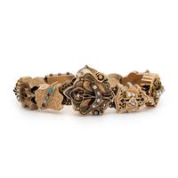 YELLOW GOLD, SEED PEARL, AND MULTIGEM SLIDE CHARM BRACELET