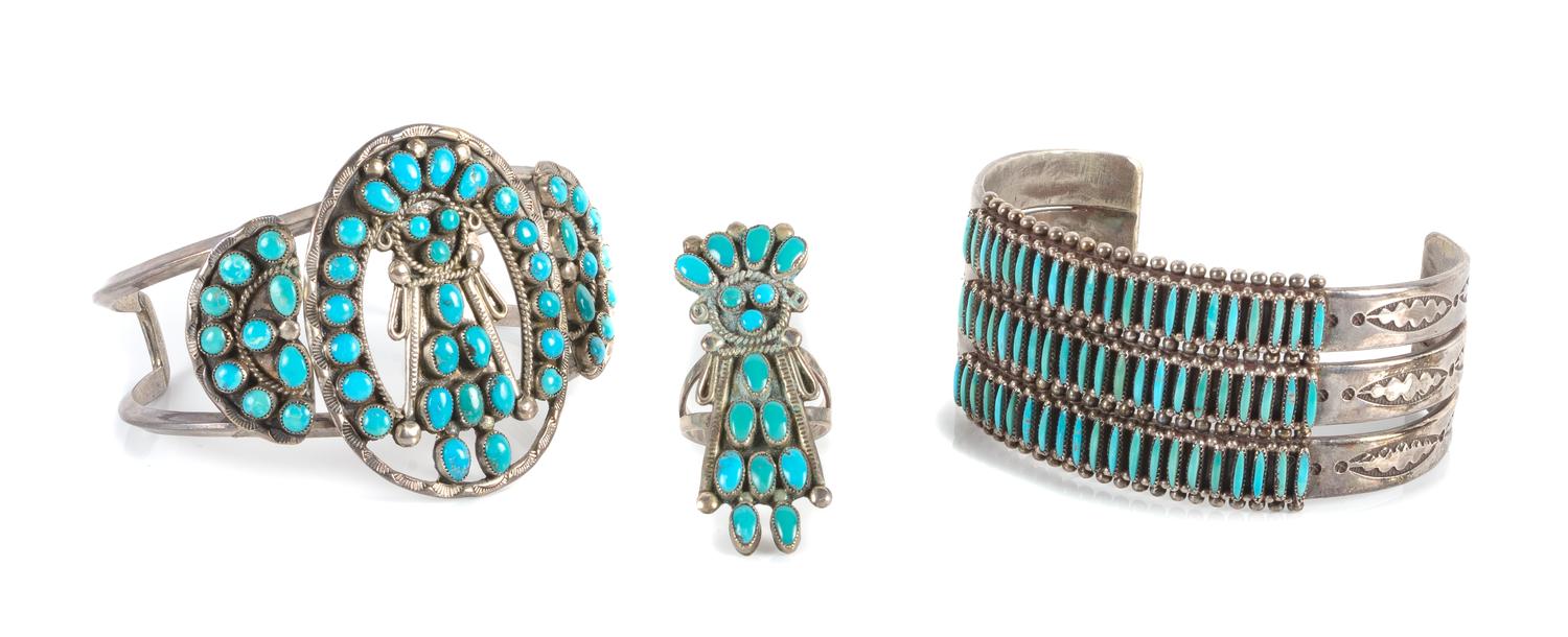Two Southwestern Silver and Turquoise Bracelets Length of largest 5 3/8 x opening 1 3/4 x width 1 1/4 inches