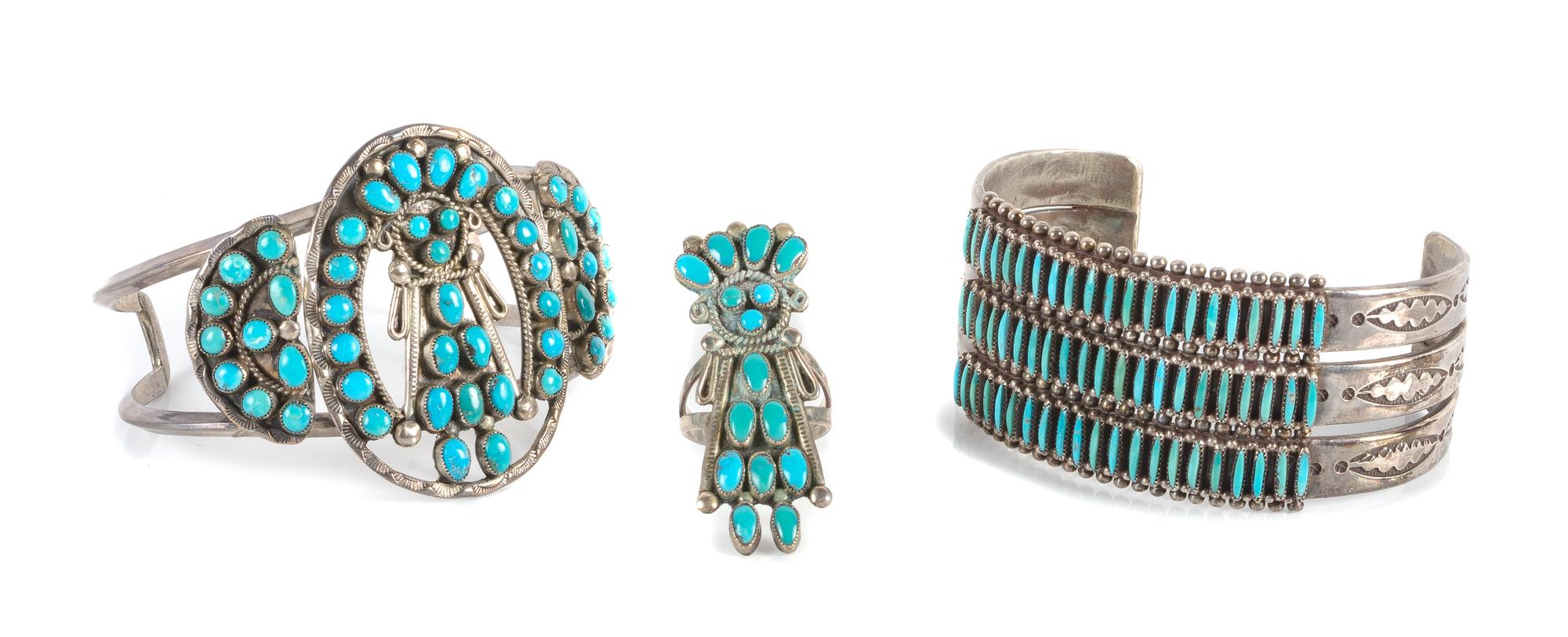 Two Southwestern Silver and Turquoise Bracelets Length of largest 5 3/8 x opening 1 3/4 x width 1 1/4 inches