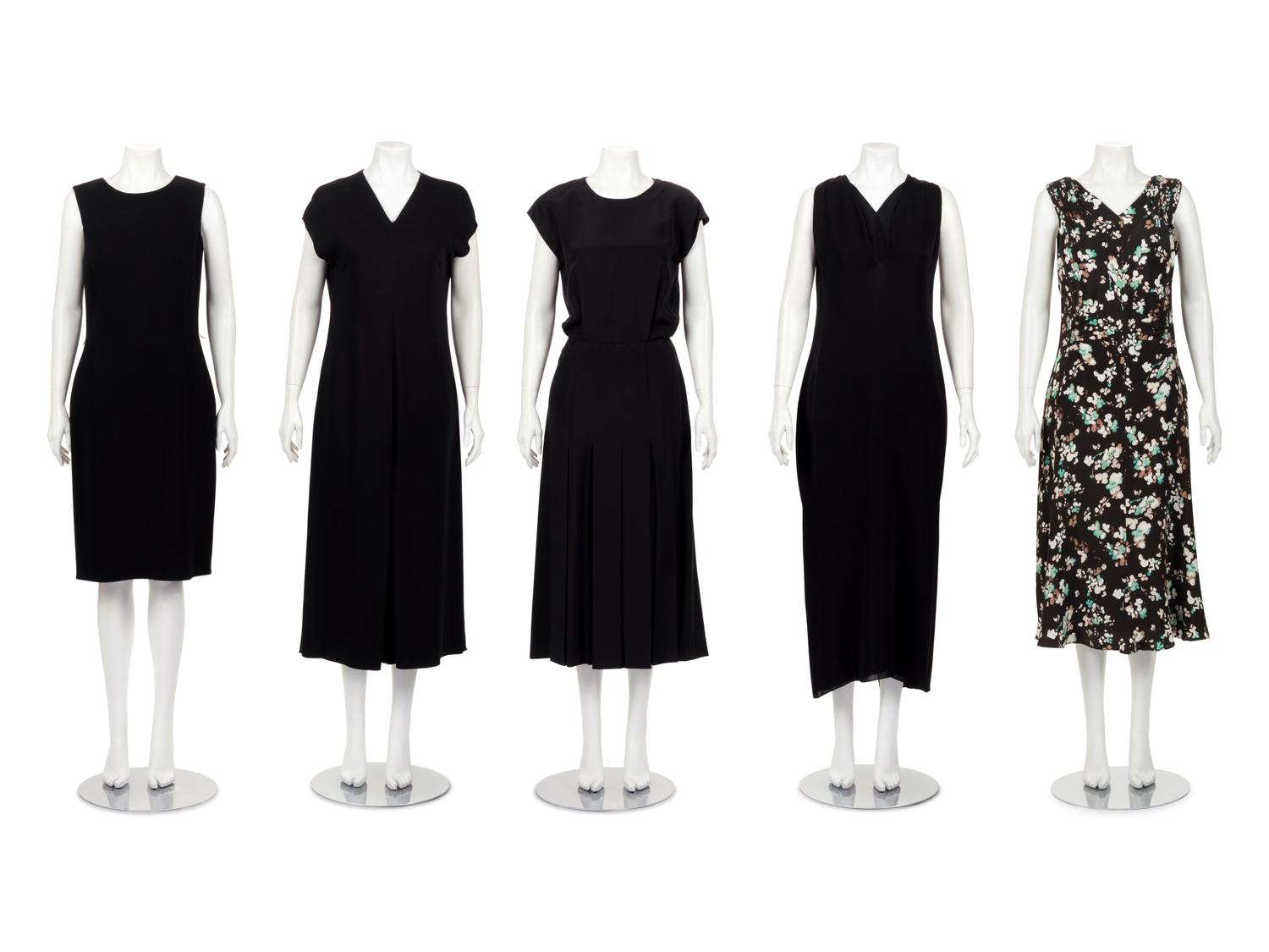 Four Dresses and One Jumpsuit: One Christian Dior, One Gucci, One Attributed to Dior, One Oscar de la Renta, and One Lanvin Jumpsuit