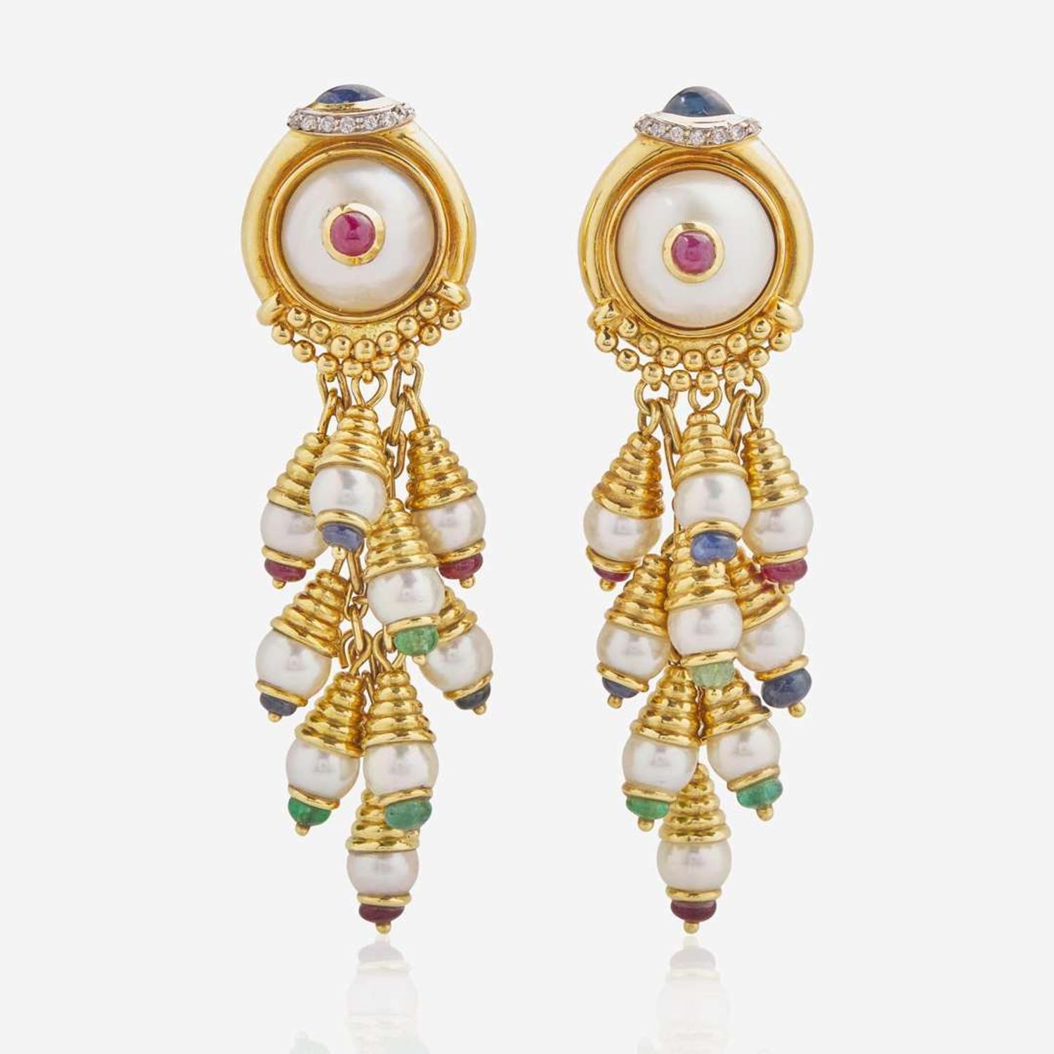 A Pair of 18K Yellow Gold, Pearl, and Gemstone Ear Clips by Roberto Legnazzi