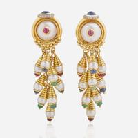 A Pair of 18K Yellow Gold, Pearl, and Gemstone Ear Clips by Roberto Legnazzi