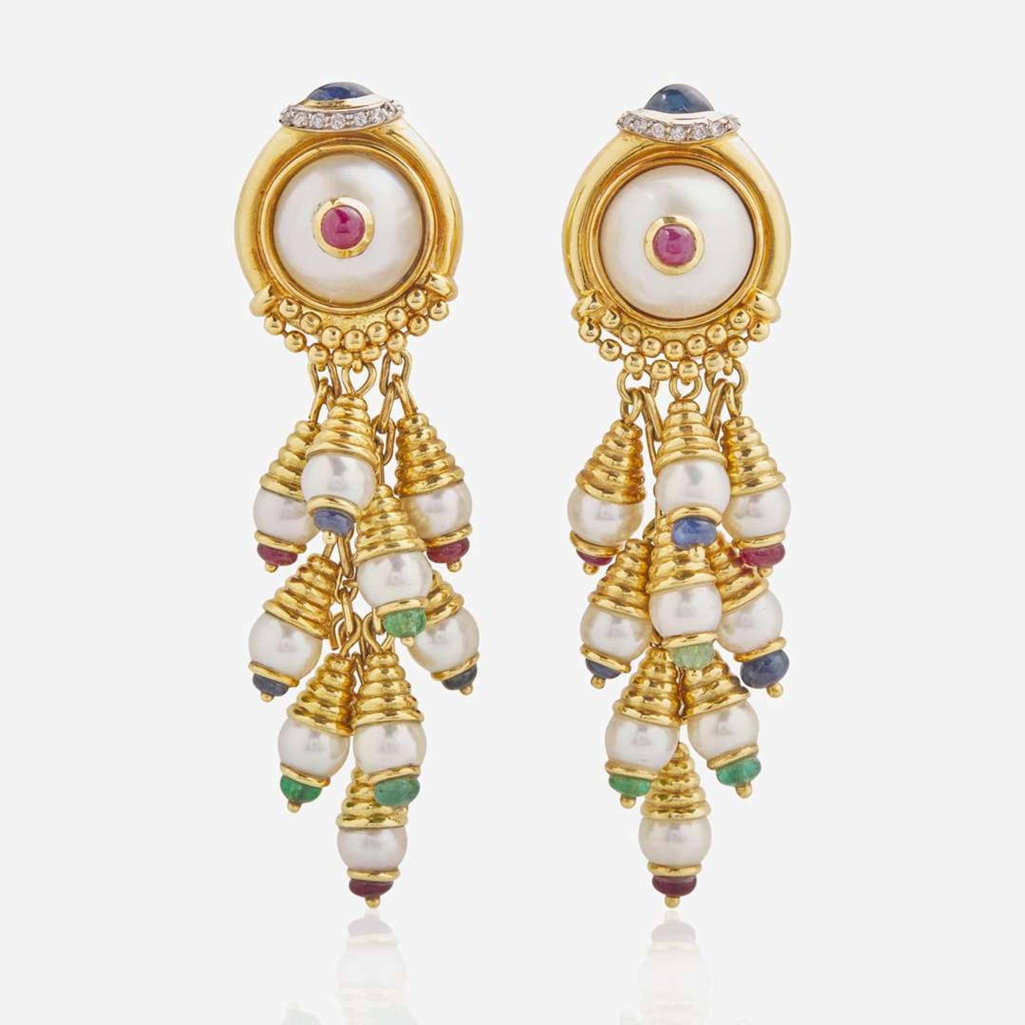 A Pair of 18K Yellow Gold, Pearl, and Gemstone Ear Clips by Roberto Legnazzi