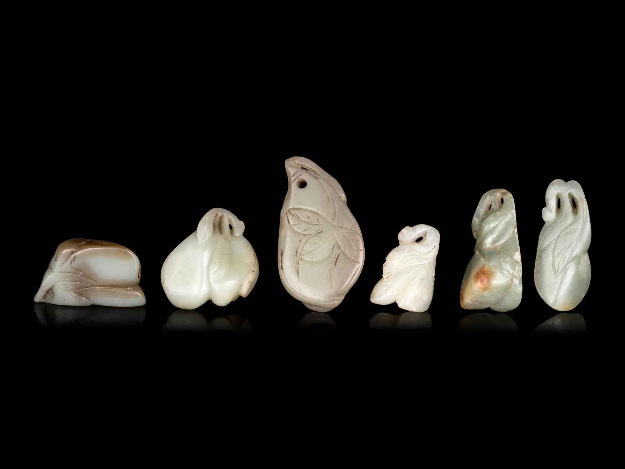 Six Chinese Celadon Jade Carvings of Aubergines