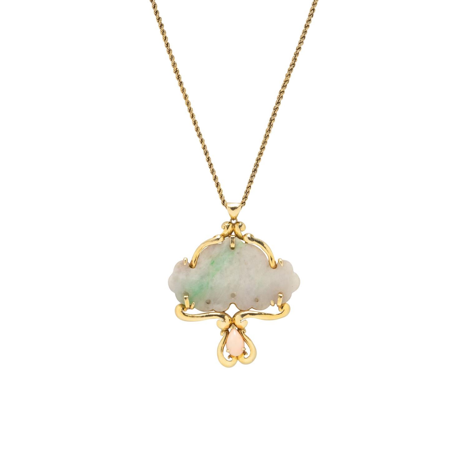 YELLOW GOLD, JADE, AND CORAL NECKLACE