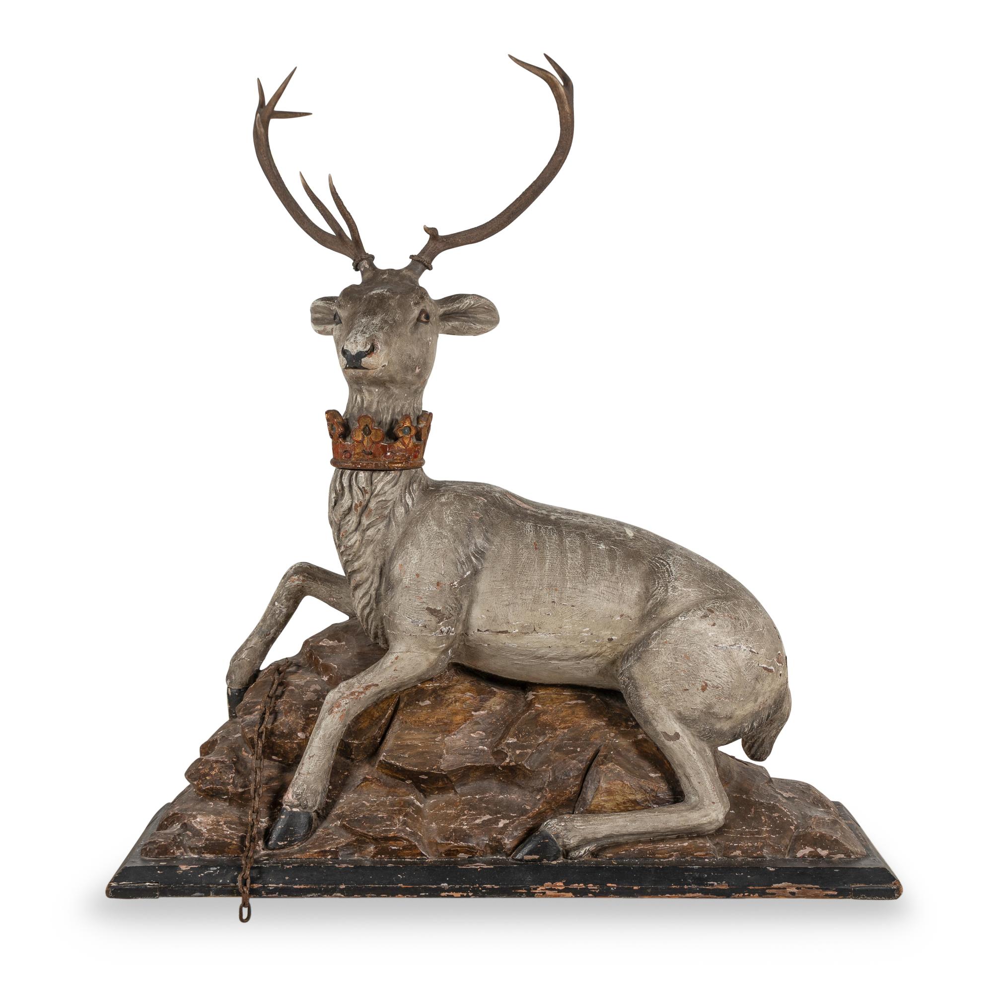 A Large Continental Carved and Polychrome Decorated Model of a Stag