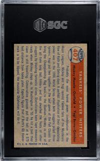 A 1957 Topps Mickey Mantle and Yogi Berra Yankees' Power Hitters Baseball Card No. 407 (SGC 5.5 EX+)