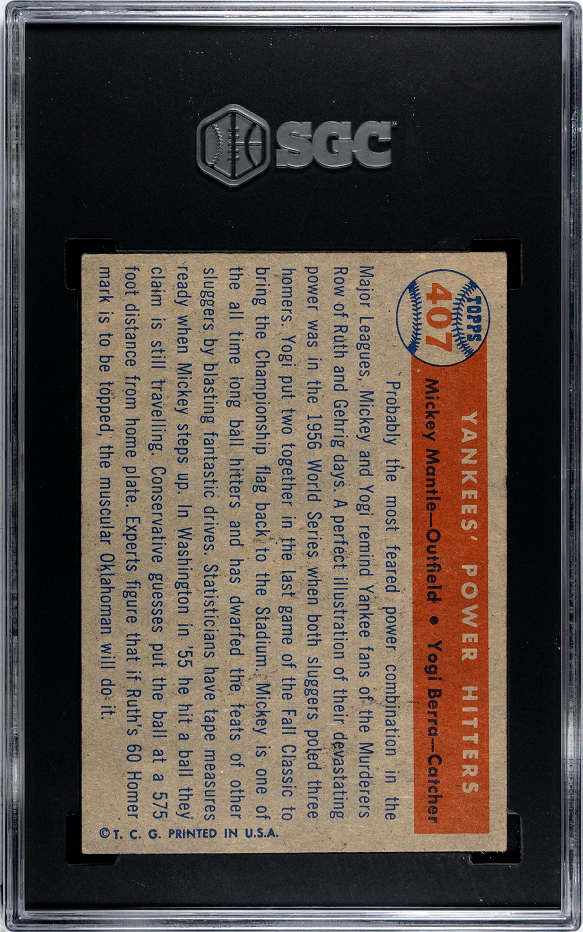 A 1957 Topps Mickey Mantle and Yogi Berra Yankees' Power Hitters Baseball Card No. 407 (SGC 5.5 EX+)