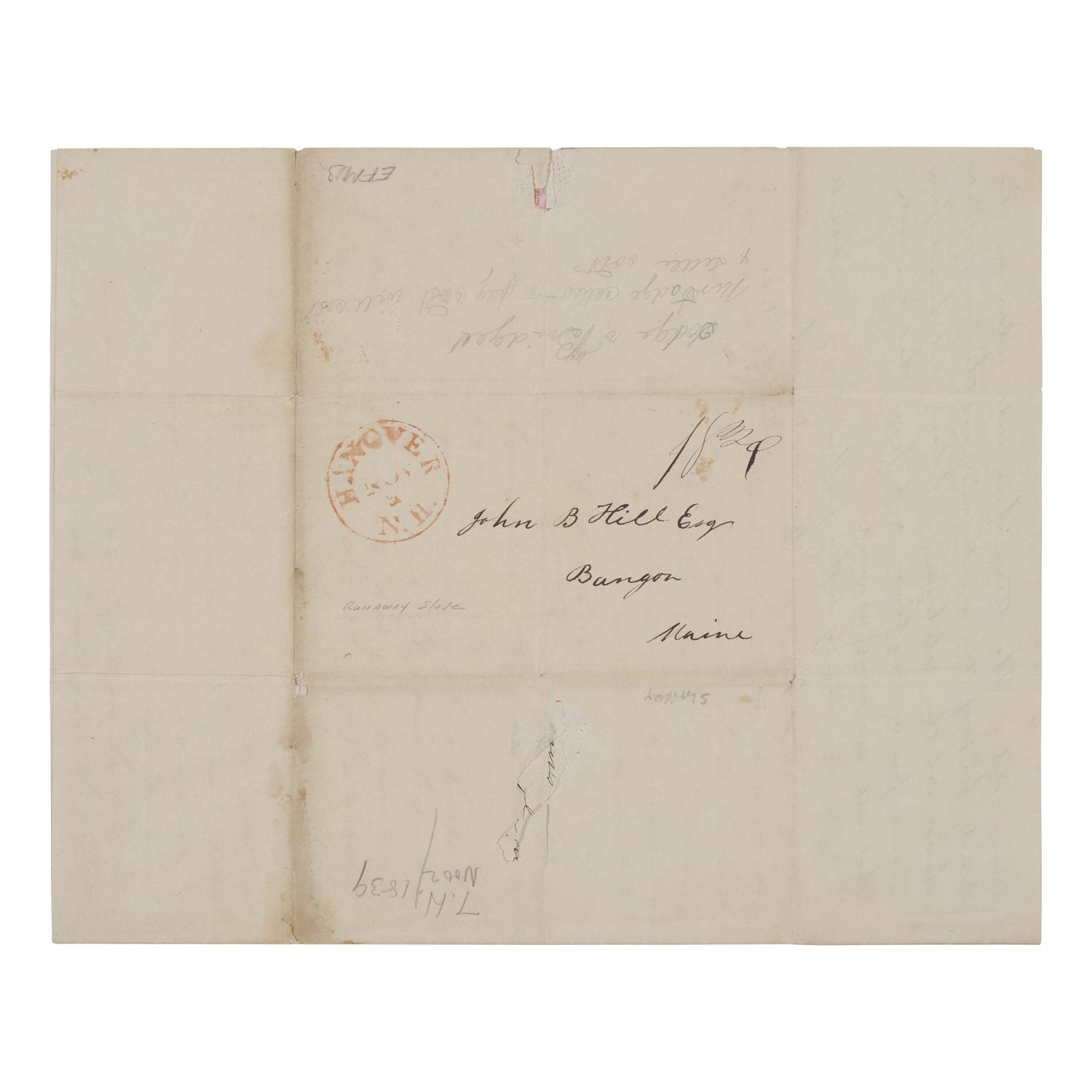 [African-Americana] [Underground Railroad] Autograph Letter, signed, by a Dartmouth Student Who Recounts the Arrival of a Runaway Slave