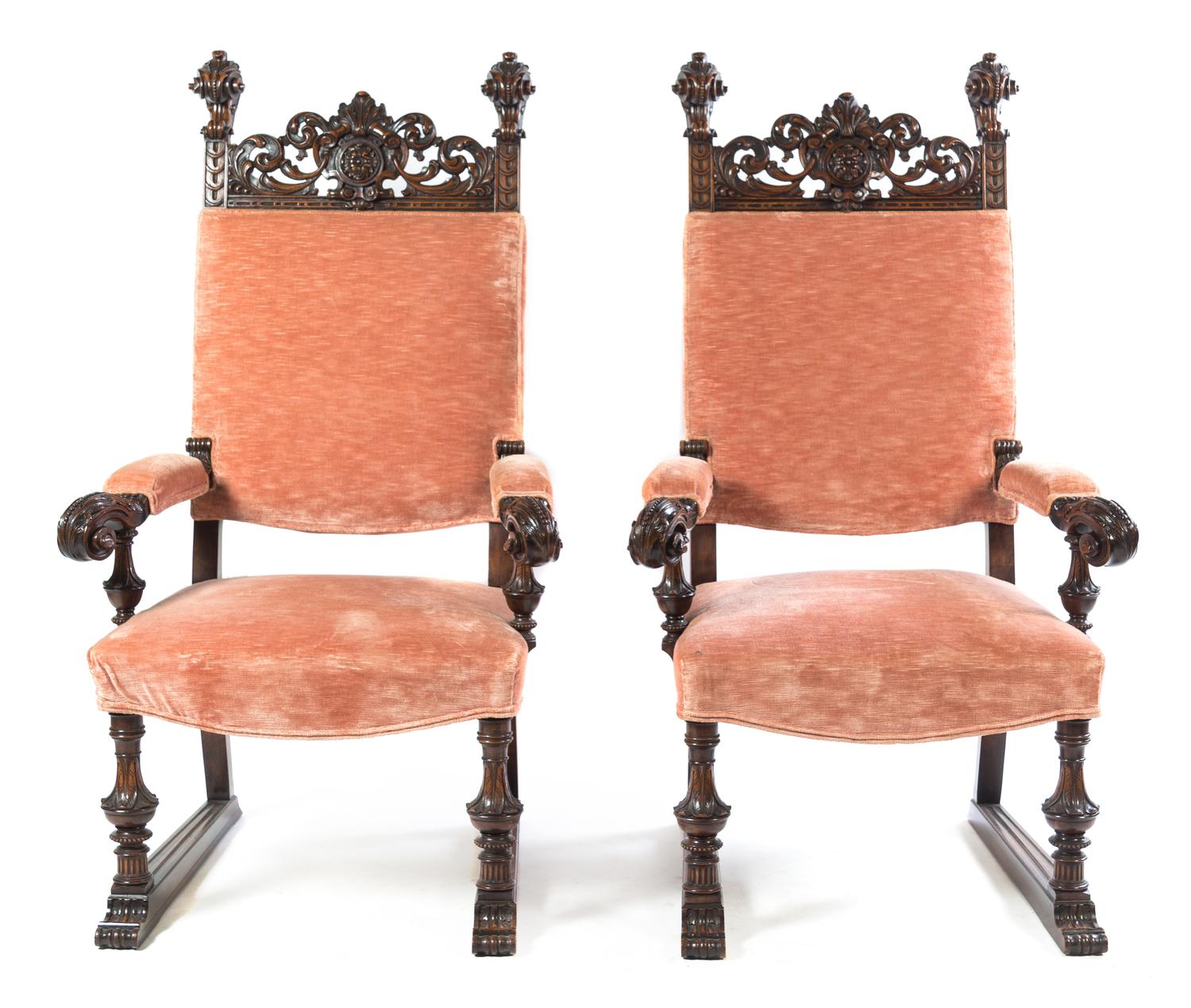 A Pair of Renaissance Revival Open Armchairs Height 54 inches. — FIRST HALF 20TH CENTURY