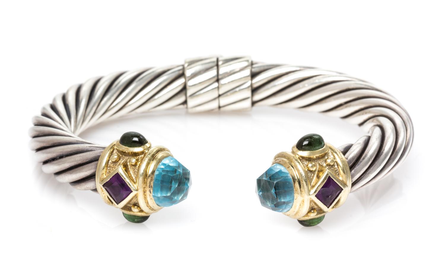 A Sterling Silver, 14 Karat Yellow Gold, Aquamarine, Amethyst and Green Tourmaline 'Renaissance' Bracelet, David Yurman, 35.60 dwts.