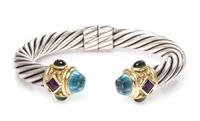 A Sterling Silver, 14 Karat Yellow Gold, Aquamarine, Amethyst and Green Tourmaline 'Renaissance' Bracelet, David Yurman, 35.60 dwts.