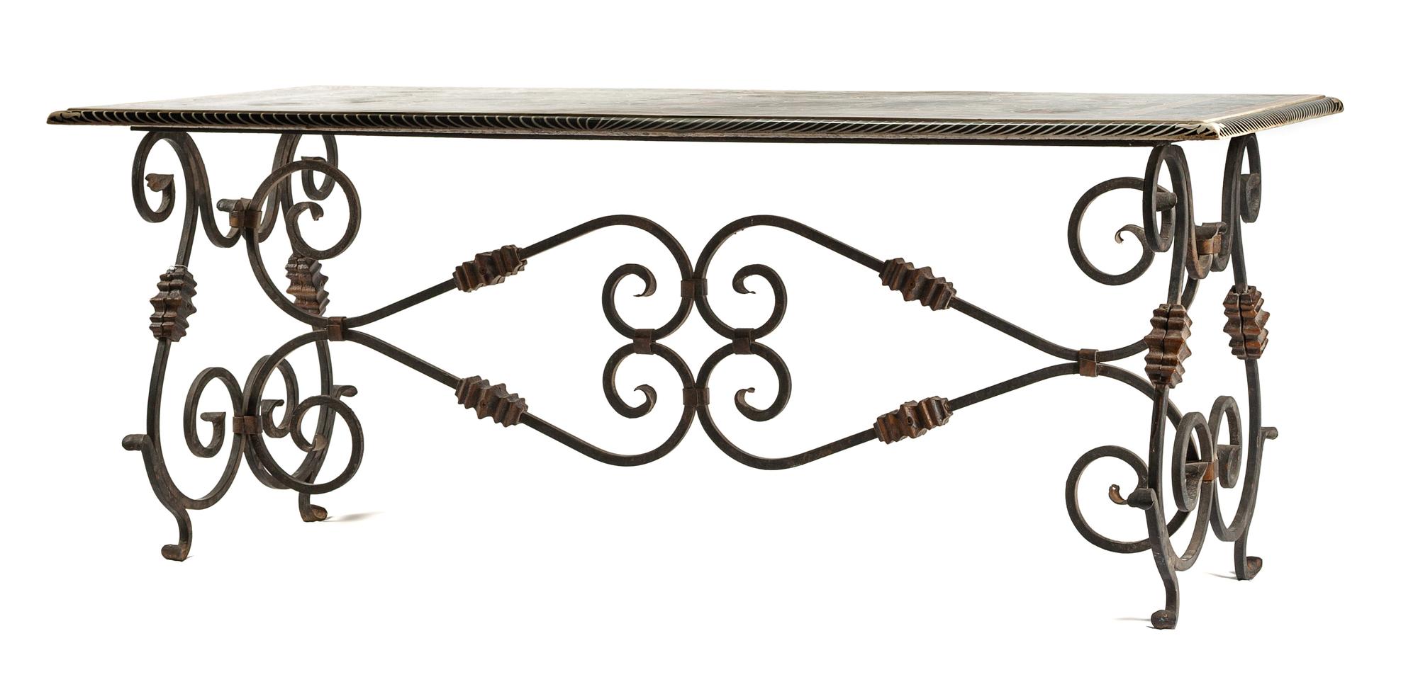 An Italian Pietra Dura Center Table Height 31 x length 77 1/2 x depth 38 inches.